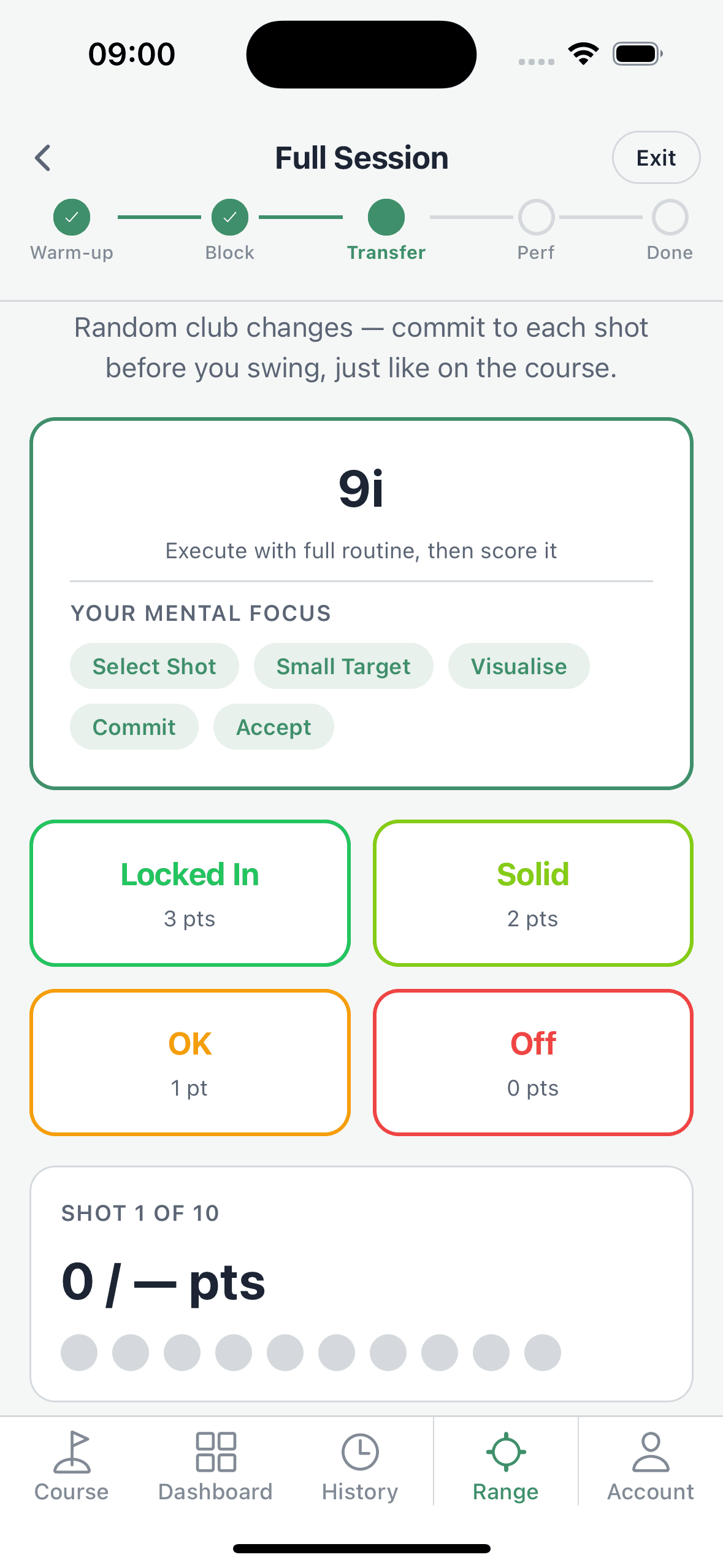 Golf Brain Range session — Transfer phase
